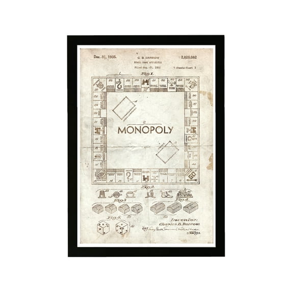 Wynwood Studio Entertainment and Hobbies Framed Wall Art Prints 'Monopoly 1935 Parchment' Board Games Home Décor - Brown, White, 13" x 19"