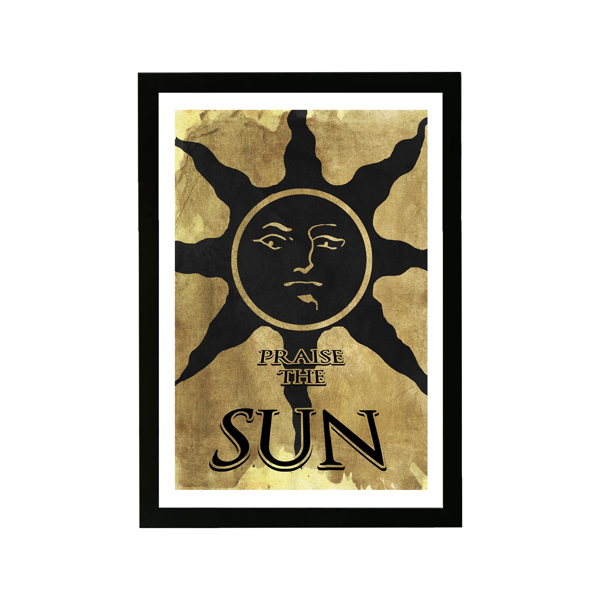Wynwood Studio Entertainment and Hobbies Framed Wall Art Prints 'Praise The Sun Print' Video Games Home Decor - Gold, Black, 13" x 19"