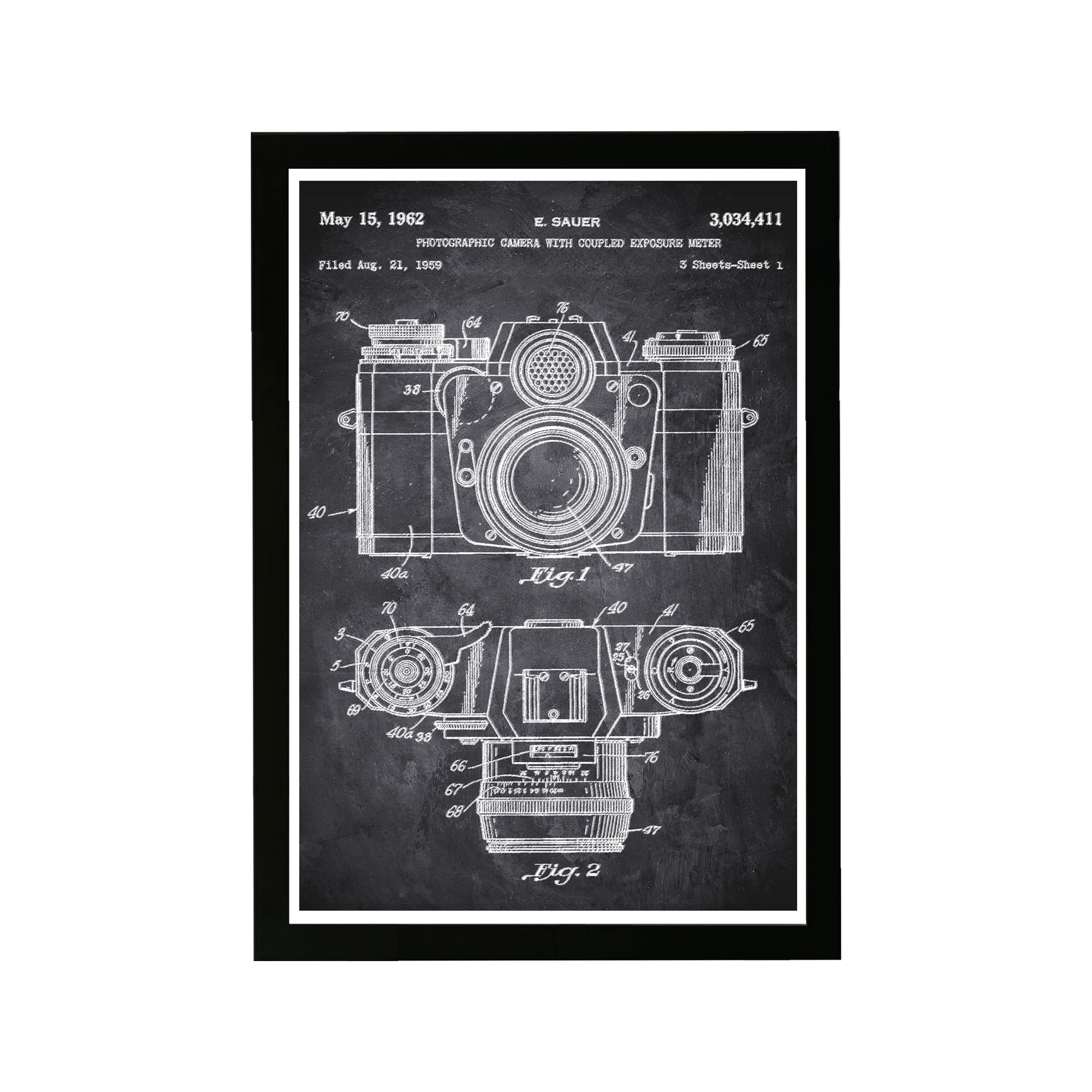 Wynwood Studio Entertainment and Hobbies Framed Wall Art Prints 'Sauer Camera 1962 Chalkboard' Photography - Black, White, 13" x 19"