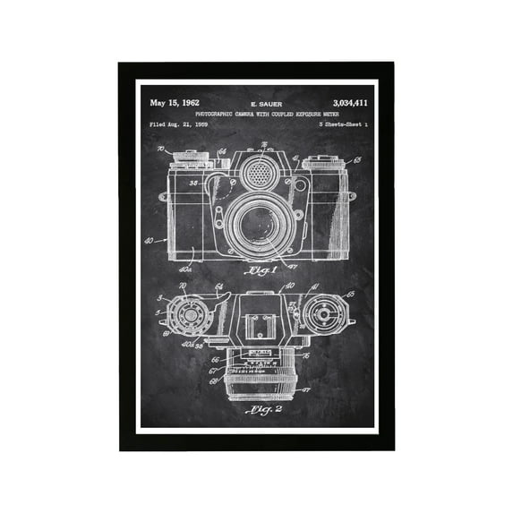 Wynwood Studio Entertainment and Hobbies Framed Wall Art Prints 'Sauer Camera 1962 Chalkboard' Photography - Black, White, 13" x 19"