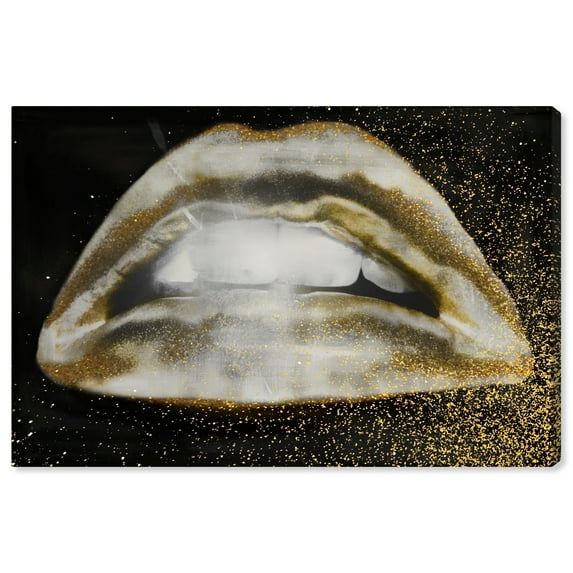 Wynwood Studio Fashion and Glam Canvas Art - Gold Glitter Woman's Mouth, Custom Wall Art for Living Room, Bedroom, and Bathroom, 36 in x 24, Black and Gold Home Decor