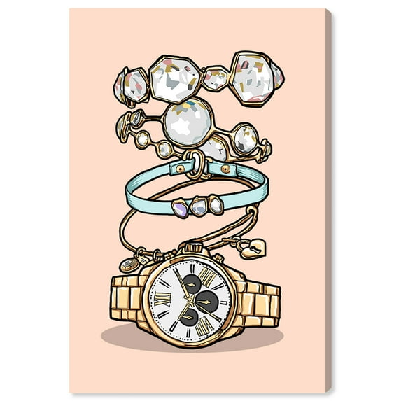 Wynwood Studio Fashion and Glam Contemporary Canvas Art - A Watch And Bracelets In Pink, Peach Wall Art for Living Room, Bedroom, and Bathroom, 16 in x 24, Gold and Orange Home Decor