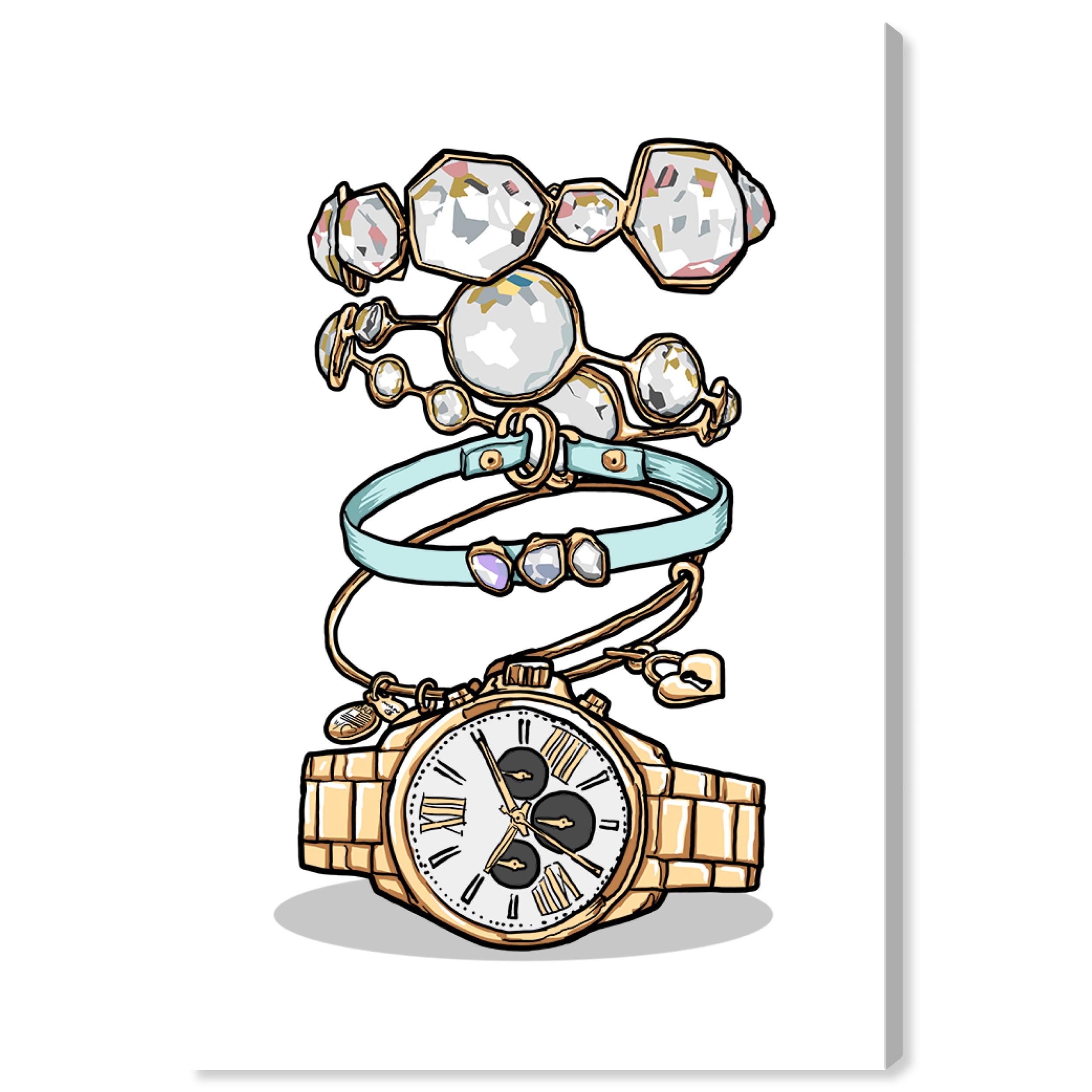 Gold and White Glam Watch and Bracelets Canvas Wall Art, 16" x 24"