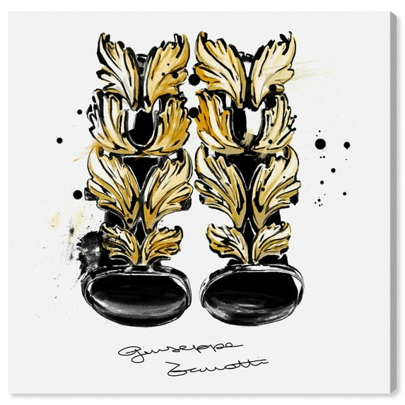 Wynwood Studio Fashion and Glam Contemporary Canvas Art - Black High Heel With Gold Wings, Wall Art for Living Room, Bedroom, and Bathroom, 12 in x 12, Gold and Black Home Decor