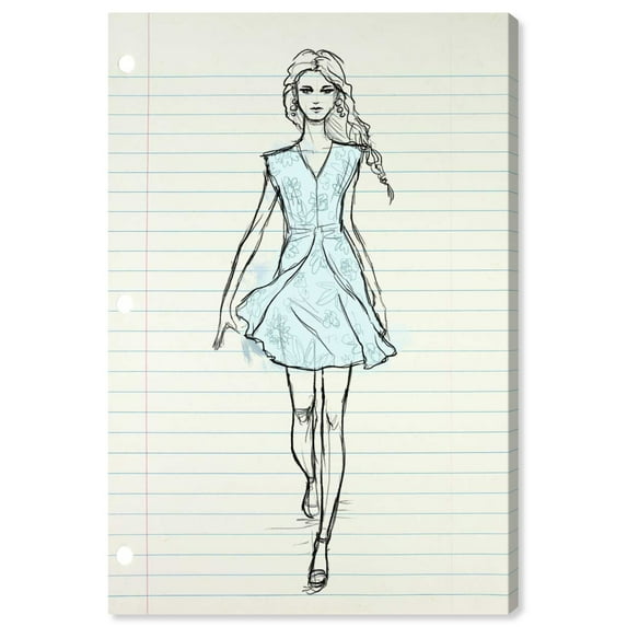 Wynwood Studio Fashion and Glam Contemporary Canvas Art - Blue Floral Dress On Woman, Wall Art for Living Room, Bedroom, and Bathroom, 24 in x 36, Blue and White Home Decor