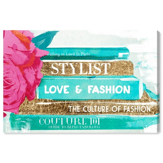 Wynwood Studio Fashion and Glam Contemporary Canvas Art - Book Stack Quote, Wall Art for Living Room, Bedroom, and Bathroom, 24 in x 16, Blue and Gold Home Decor