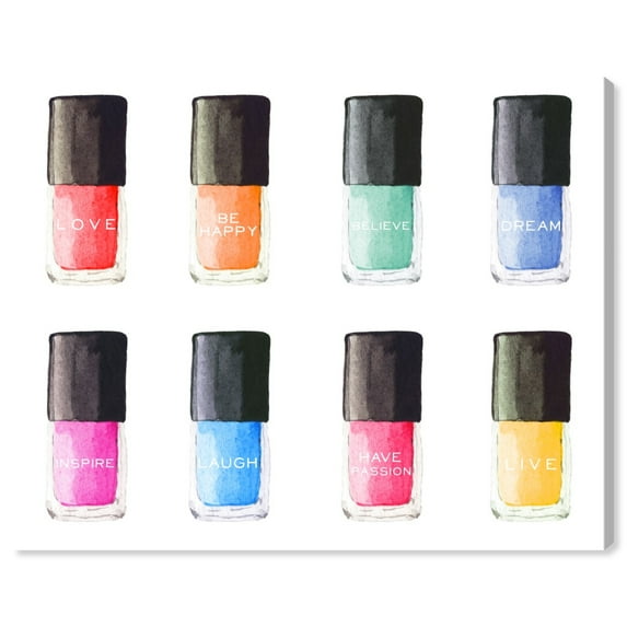 Wynwood Studio Fashion and Glam Contemporary Canvas Art - Colorful Nail Polishes, Wall Art for Living Room, Bedroom, and Bathroom, 36 in x 24, Black and Pink Home Decor