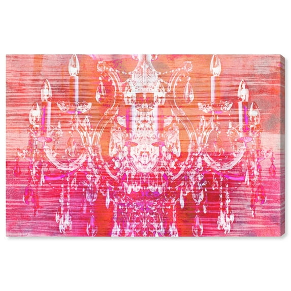 Wynwood Studio Fashion and Glam Contemporary Canvas Art - Glowing Pink Chandelier, Wall Art for Living Room, Bedroom, and Bathroom, 30 in x 20, Pink and Orange Home Decor