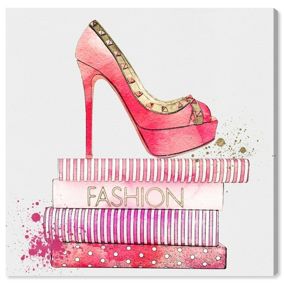 Wynwood Studio Fashion and Glam Contemporary Canvas Art - All Pink Bookstack Glam High Heel, Wall Art for Living Room, Bedroom, and Bathroom, 30 in x 30, Pink and Gold Home Decor