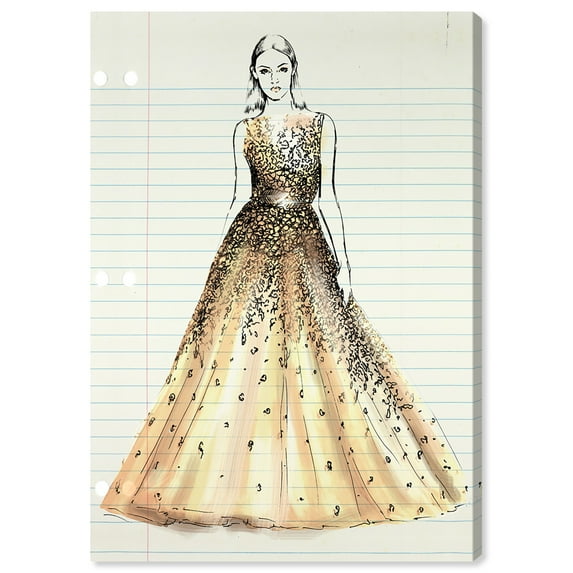 Wynwood Studio Fashion and Glam Contemporary Canvas Art - Woman In Fancy Dress Sketch, Wall Art for Living Room, Bedroom, and Bathroom, 24 in x 36, Yellow and Black Home Decor