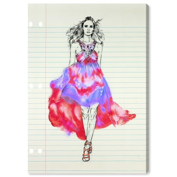 Wynwood Studio Fashion and Glam Eclectic Canvas Art - Pink-Dressed Woman Sketch 5, Wall Art for Living Room, Bedroom, and Bathroom, 20 in x 30, Purple and Red Home Decor