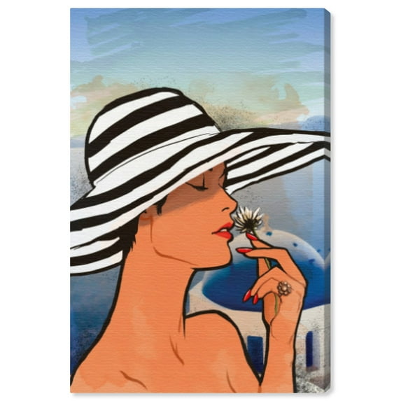 Wynwood Studio Fashion and Glam Mediterranean Canvas Art - Lady In Striped Hat On Holiday, Wall Art for Living Room, Bedroom, and Bathroom, 24 in x 36, Brown and Black Home Decor