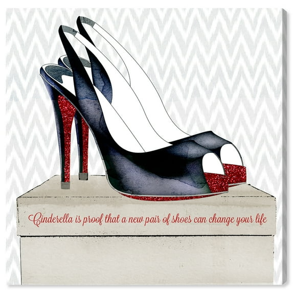 Wynwood Studio Fashion and Glam Modern Canvas Art - Black High Heels Over The Box, Wall Art for Living Room, Bedroom, and Bathroom, 30 in x 30, Black and White Home Decor