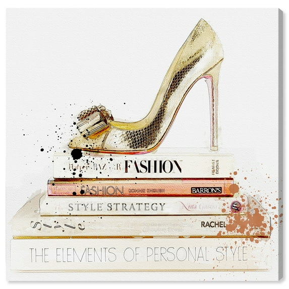 Wynwood Studio Fashion and Glam Modern Canvas Art - Book Stack Gold Heels, Wall Art for Living Room, Bedroom, and Bathroom, 20 in x 20, Gold and White Home Decor