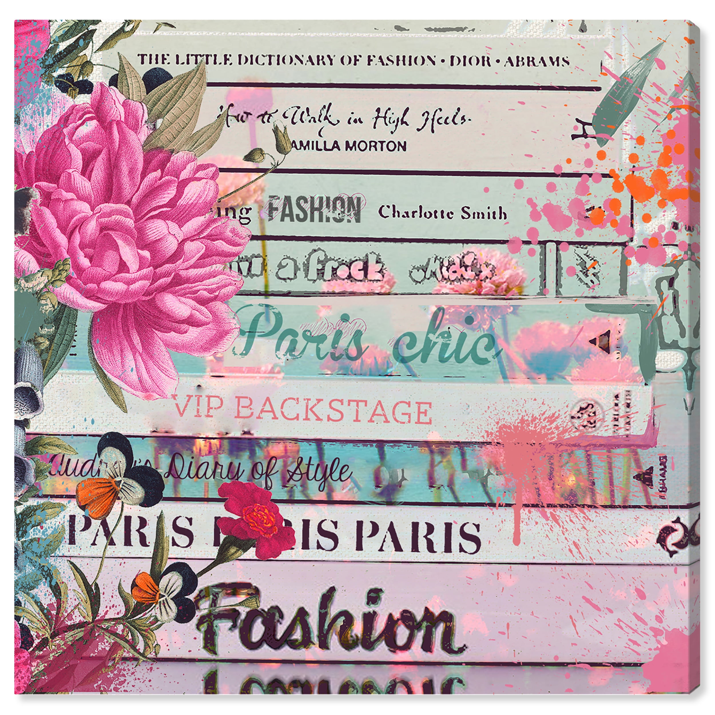Wynwood Studio Fashion and Glam Modern Canvas Art - Bookstack Pink Flower On Top, Wall Art for Living Room, Bedroom, and Bathroom, 12 in x 12, Pink and Blue Home Decor