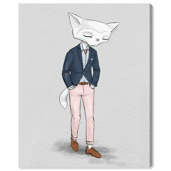 Wynwood Studio Fashion and Glam Modern Canvas Art - Cartoon Cat In A Suit, Wall Art for Living Room, Bedroom, and Bathroom, 30 in x 36, Pink and Blue Home Decor