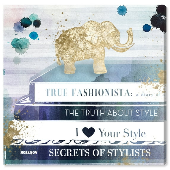 Wynwood Studio Fashion and Glam Modern Canvas Art - Golden Elephant On Blue Book Stack, Wall Art for Living Room, Bedroom, and Bathroom, 30 in x 30, Blue and Gold Home Decor