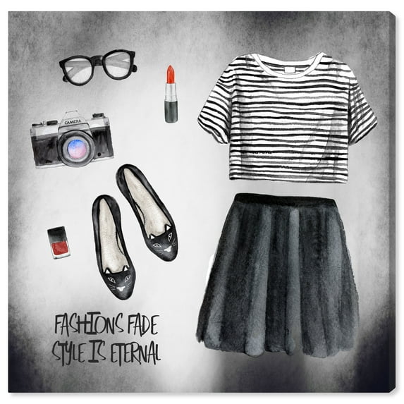 Wynwood Studio Fashion and Glam Modern Canvas Art - Modern Gothic Woman's Outfit And Accessories, Wall Art for Living Room, Bedroom, and Bathroom, 30 in x 30, Black and Gray Home Decor