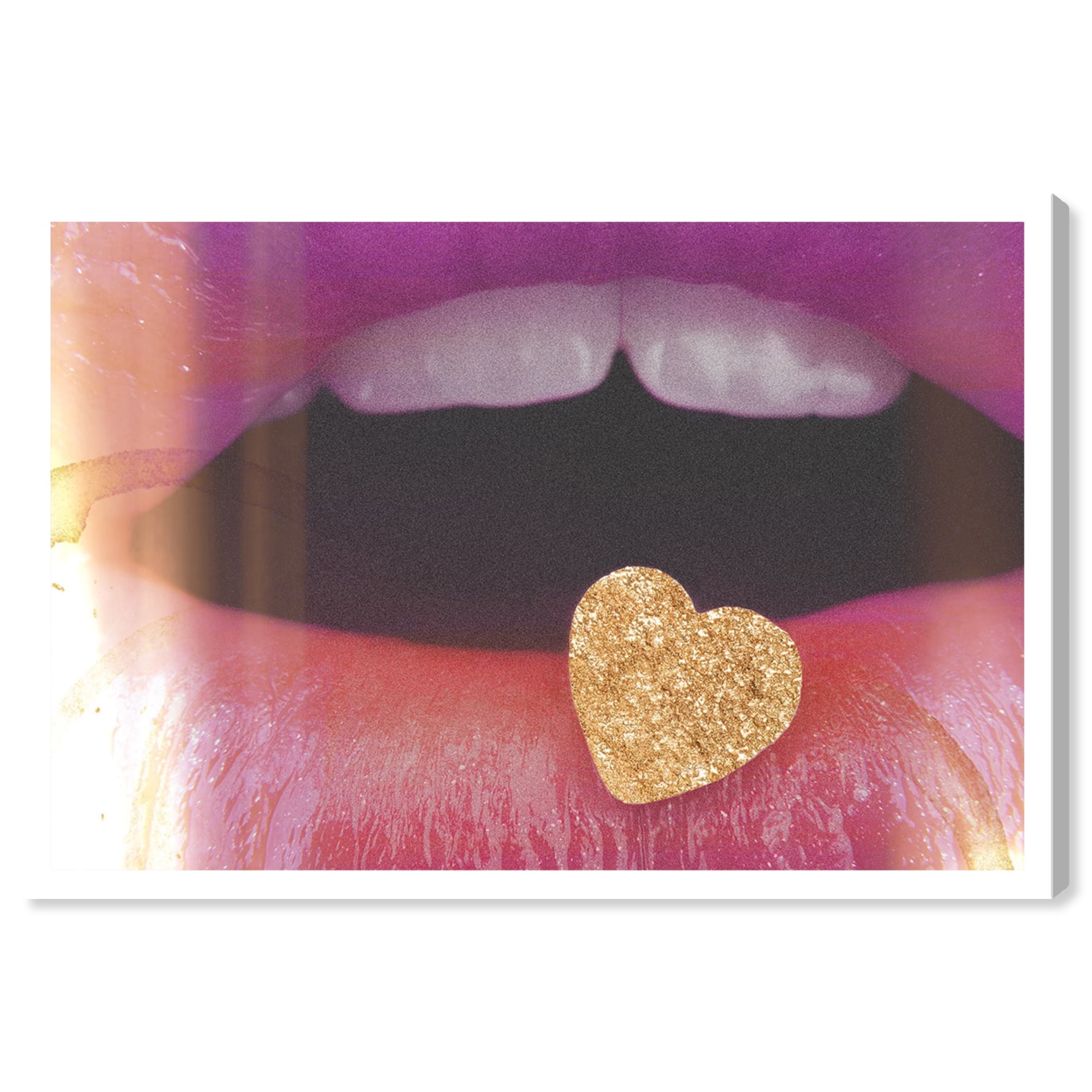 Wynwood Studio Fashion and Glam Modern Canvas Art - Open Mouth With Golden Heart, Wall Art for Living Room, Bedroom, and Bathroom, 30 in x 20, Gold and Pink Home Decor