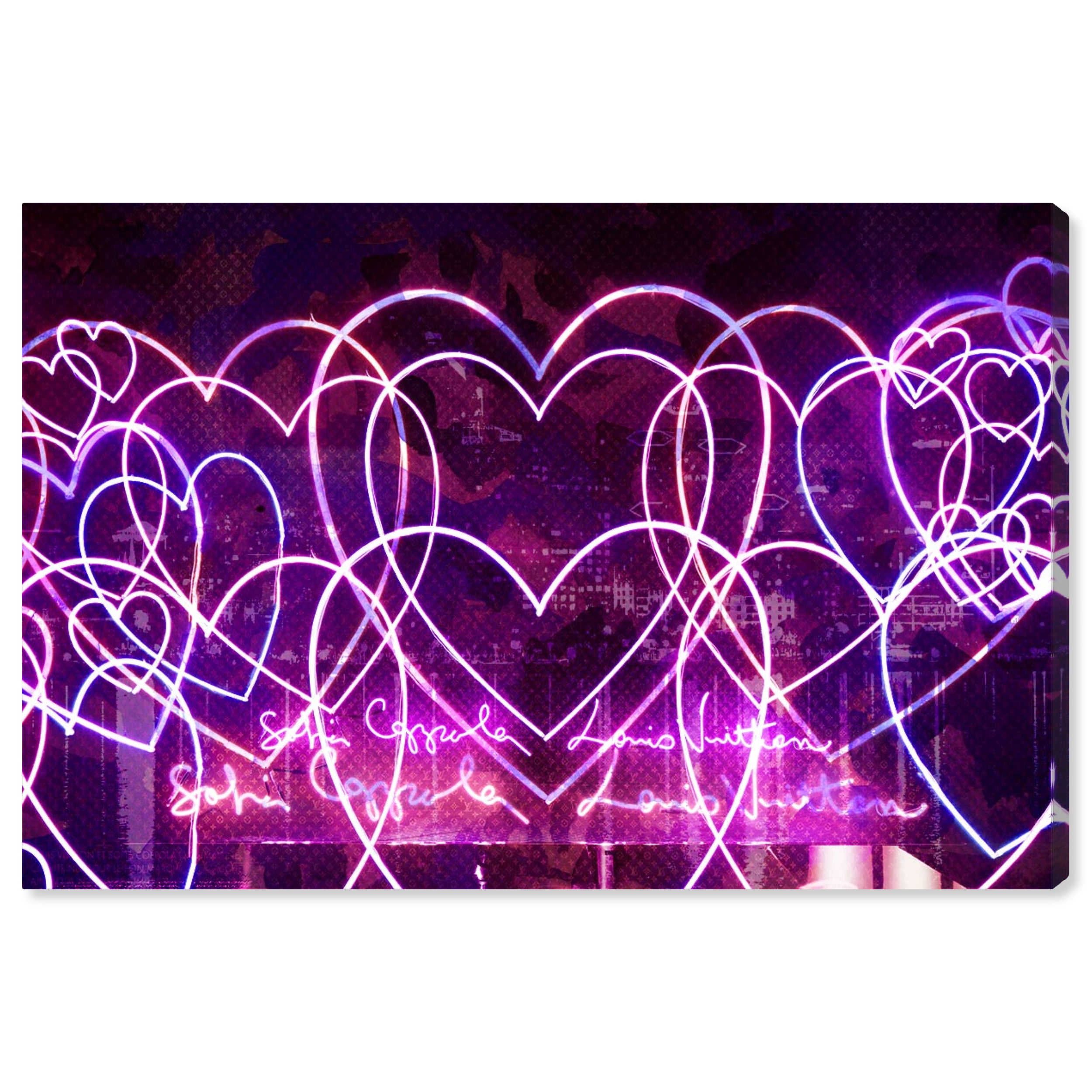Modern Purple and Neon Magenta LED Hearts Canvas Wall Art
