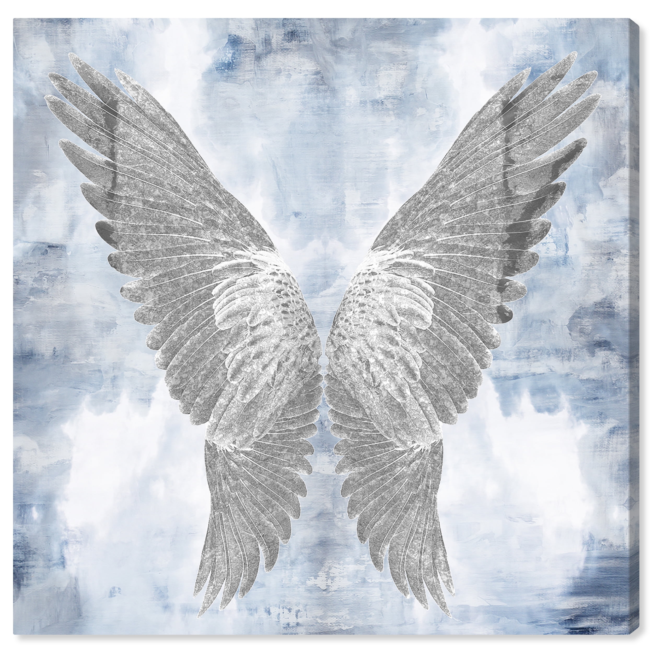 Wynwood Studio Fashion and Glam Modern Canvas Art - Silver Wings On Blue And White Background, Wall Art for Living Room, Bedroom, and Bathroom, 12 in x 12, Home Decor