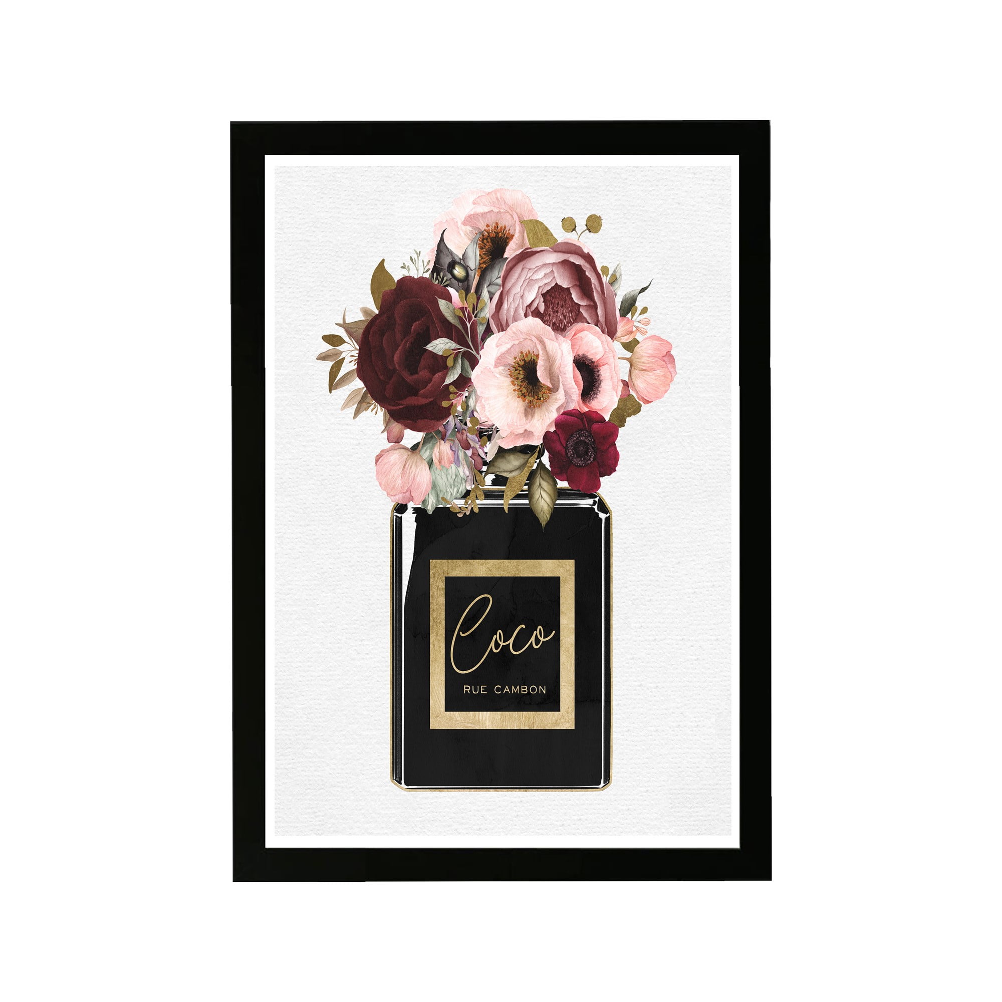 Wynwood Studio Fashion and Glam Framed Wall Art Prints 'Blush Floral Perfume' Perfumes Home Decor - Black, Pink, 13 x 19