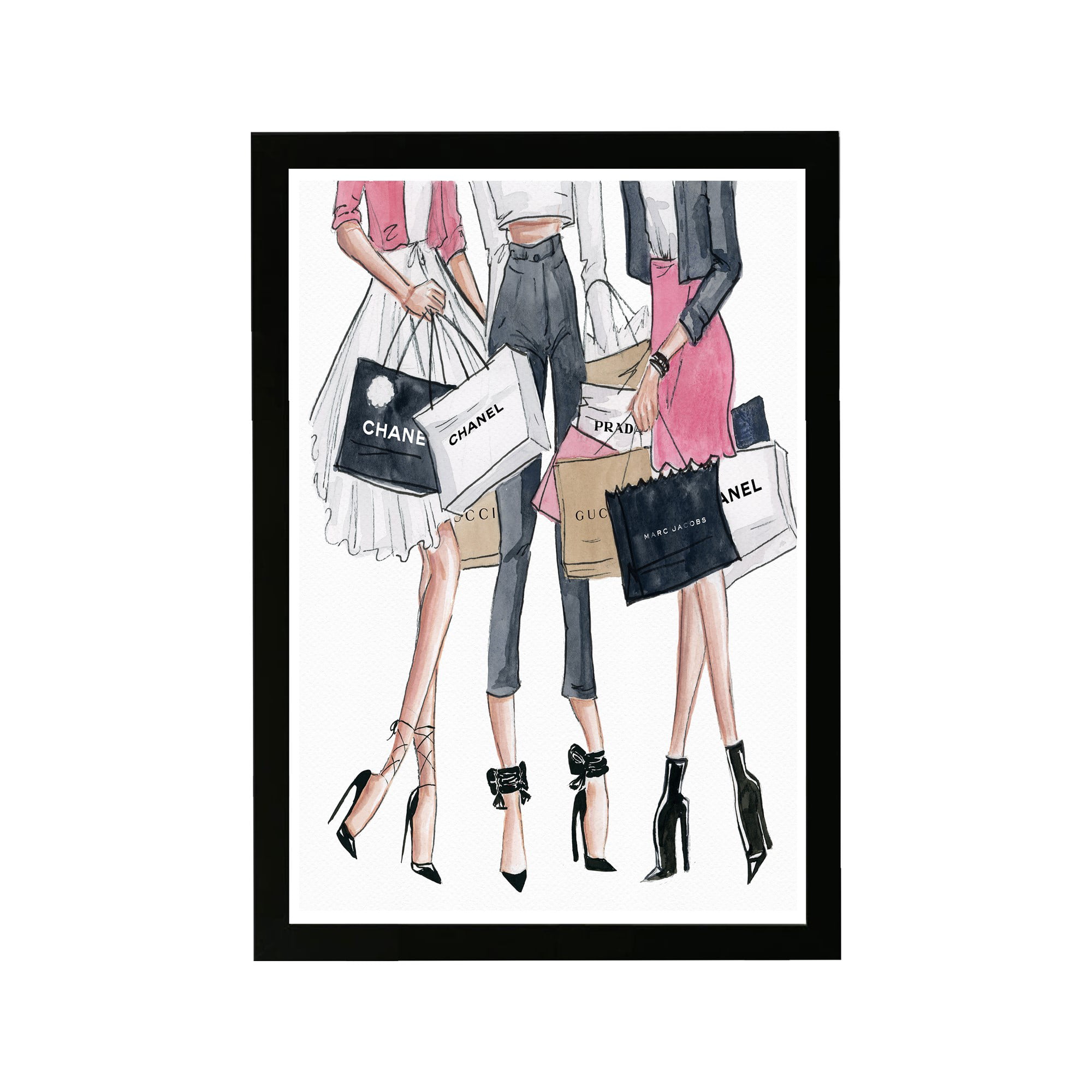 Wynwood Studio Fashion and Glam Framed Wall Art Prints 'Shopping Date' Outfits Home dcor - Pink, Black, 13 inch x 19 inch, Size: 13 x 19