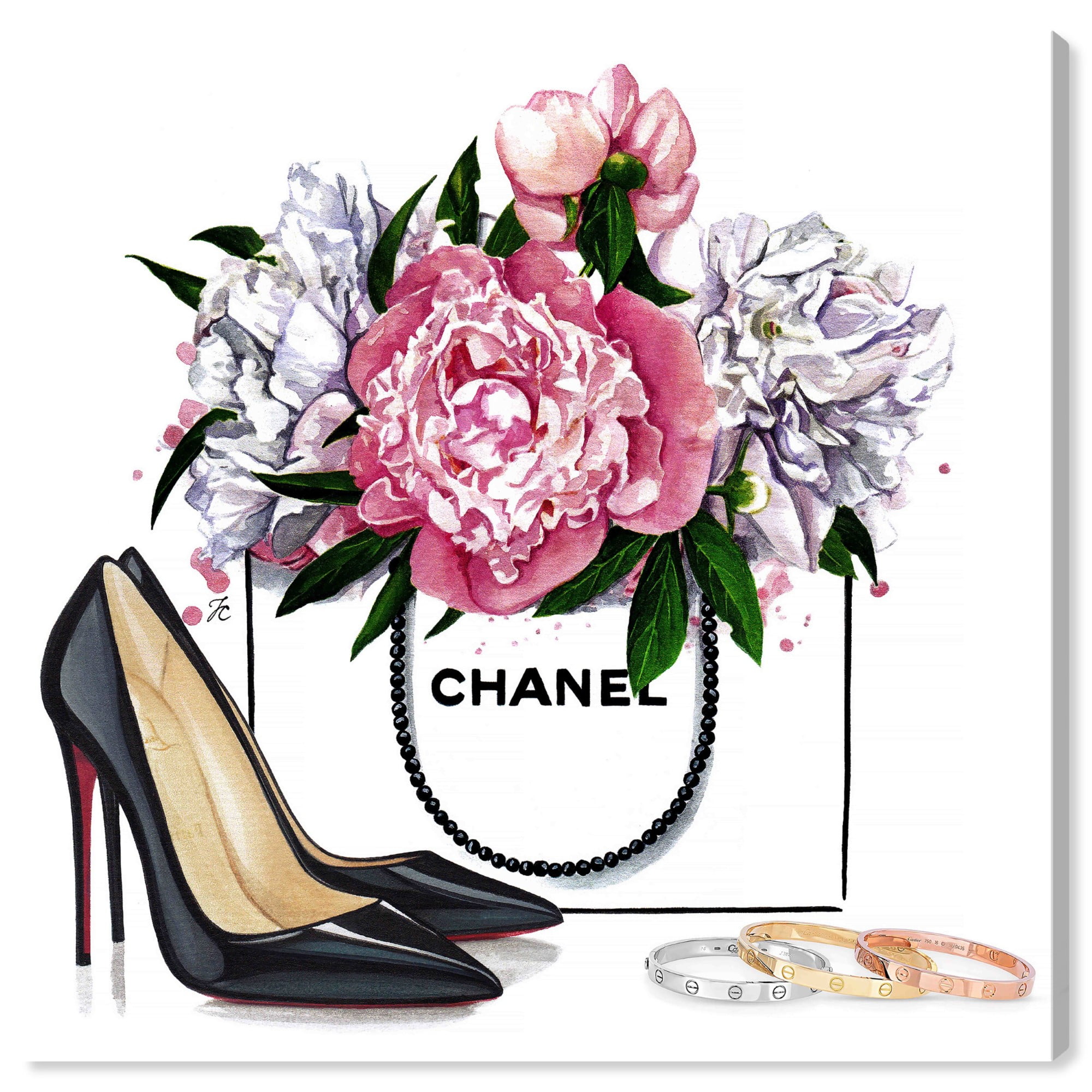 Wynwood Studio Fashion and Glam Wall Art Canvas Prints 'Doll Memories -  Shoes and Flowers' Shoes - Pink, White 
