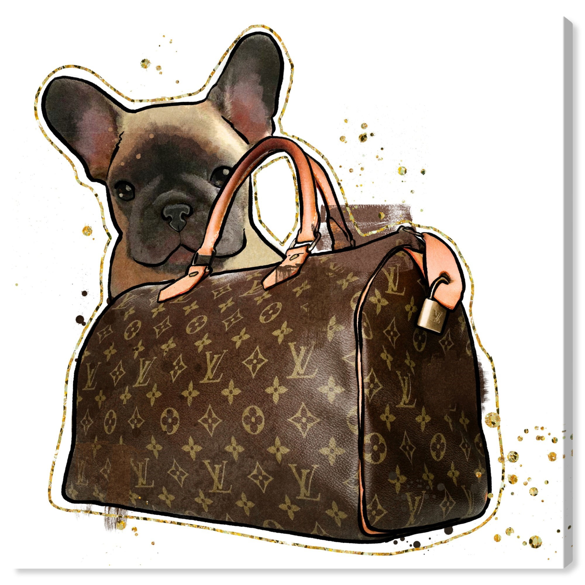 Wynwood Studio Fashion and Glam Wall Art Print 'Puppy Luxury Bag' Handbags  - Brown, White 