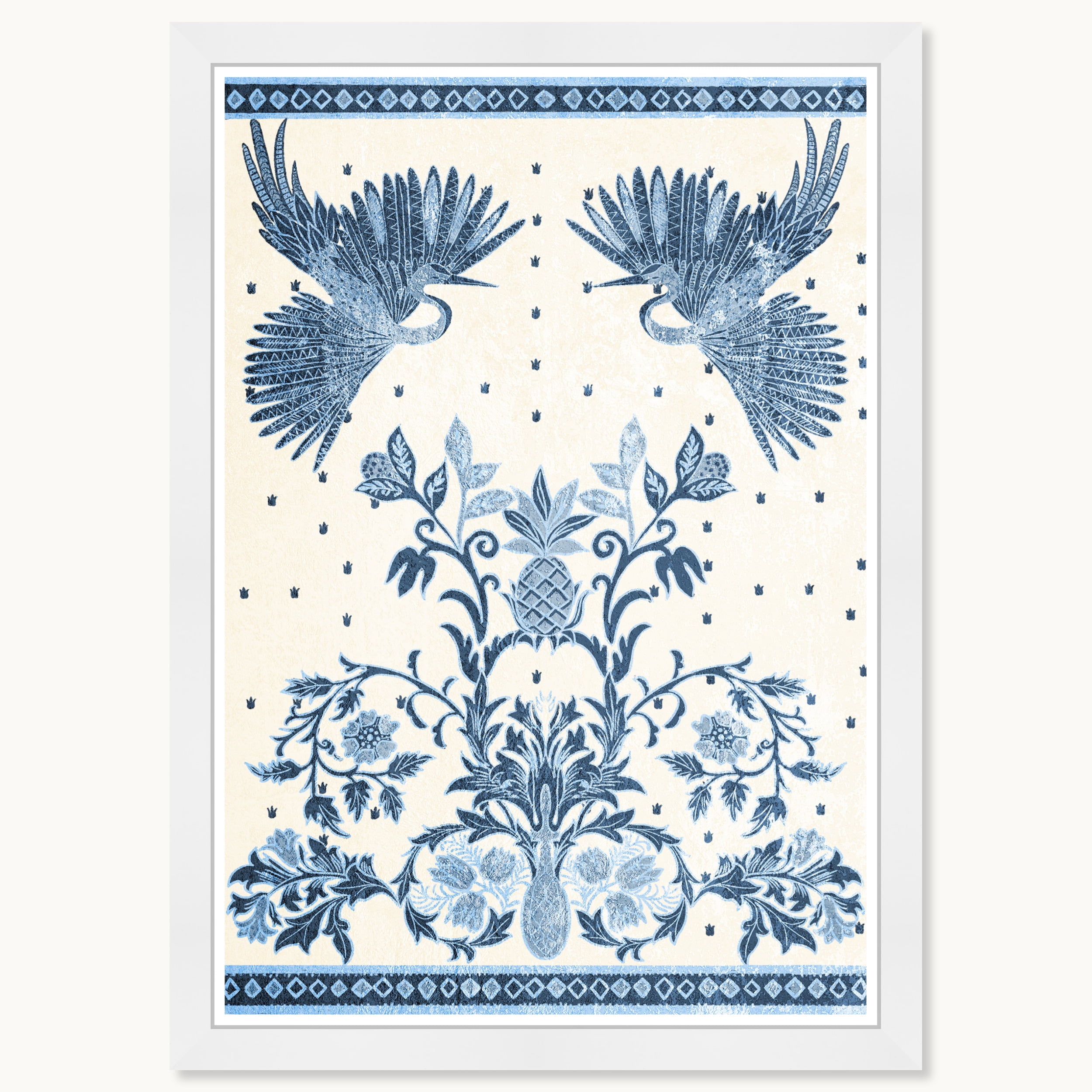 White Framed Blue Crane Print on Archival Paper, 15" x 21"