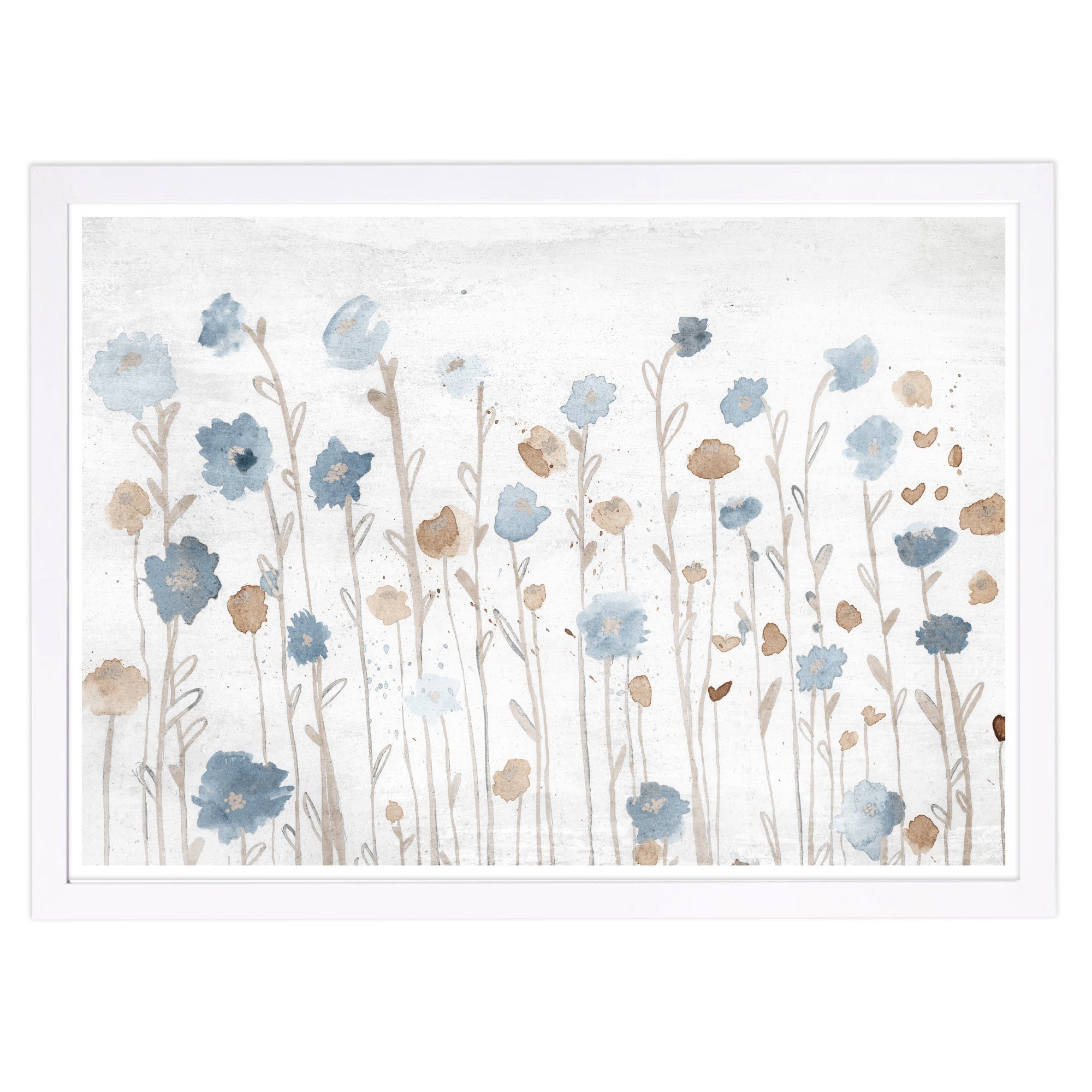 Beautiful Growth Light Blue and Brown Floral Canvas Print with White Frame
