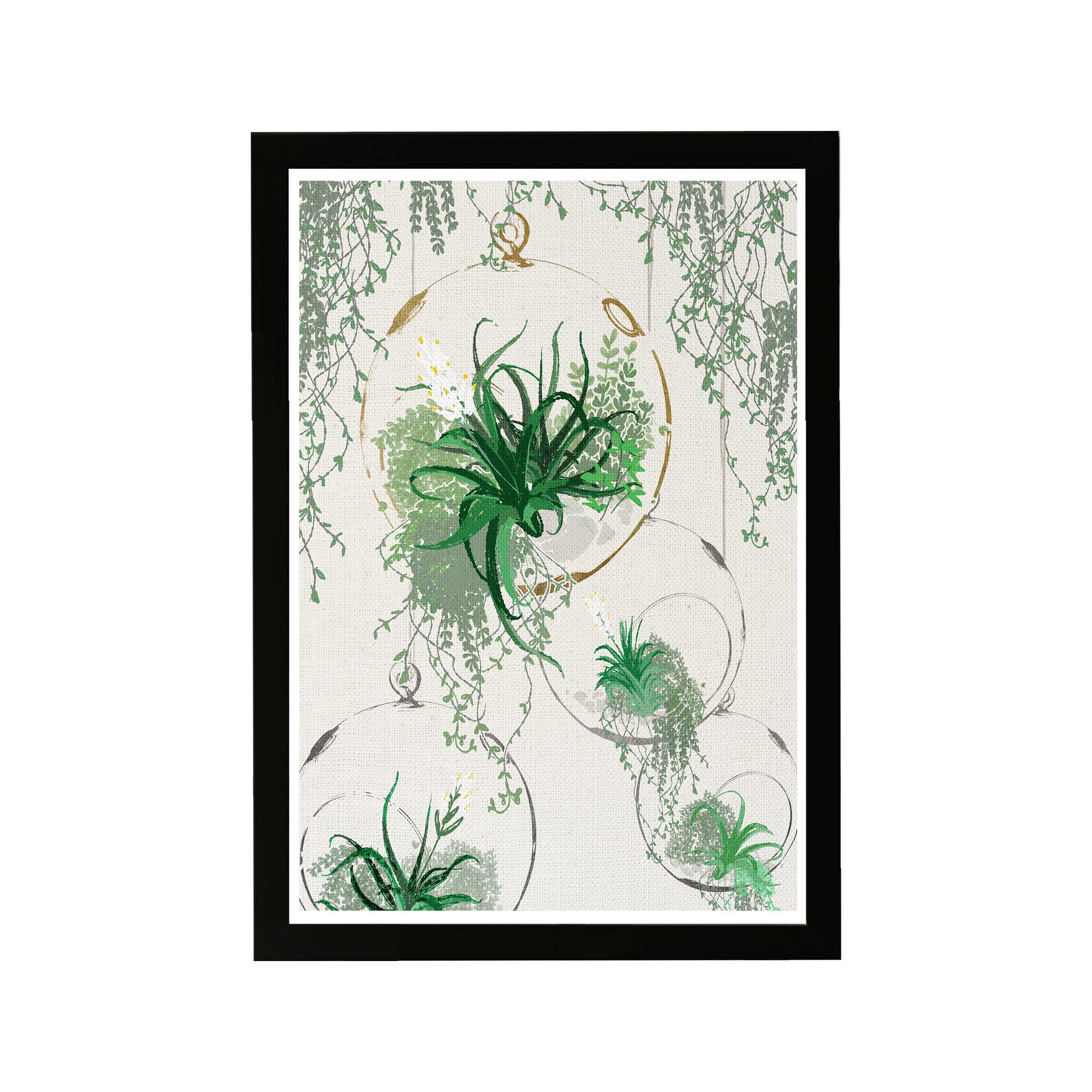 Wynwood Studio Floral and Botanical Framed Wall Art Prints 'Hanging Air Terrarium' Botanicals Home Décor - Green, White, 13" x 19"