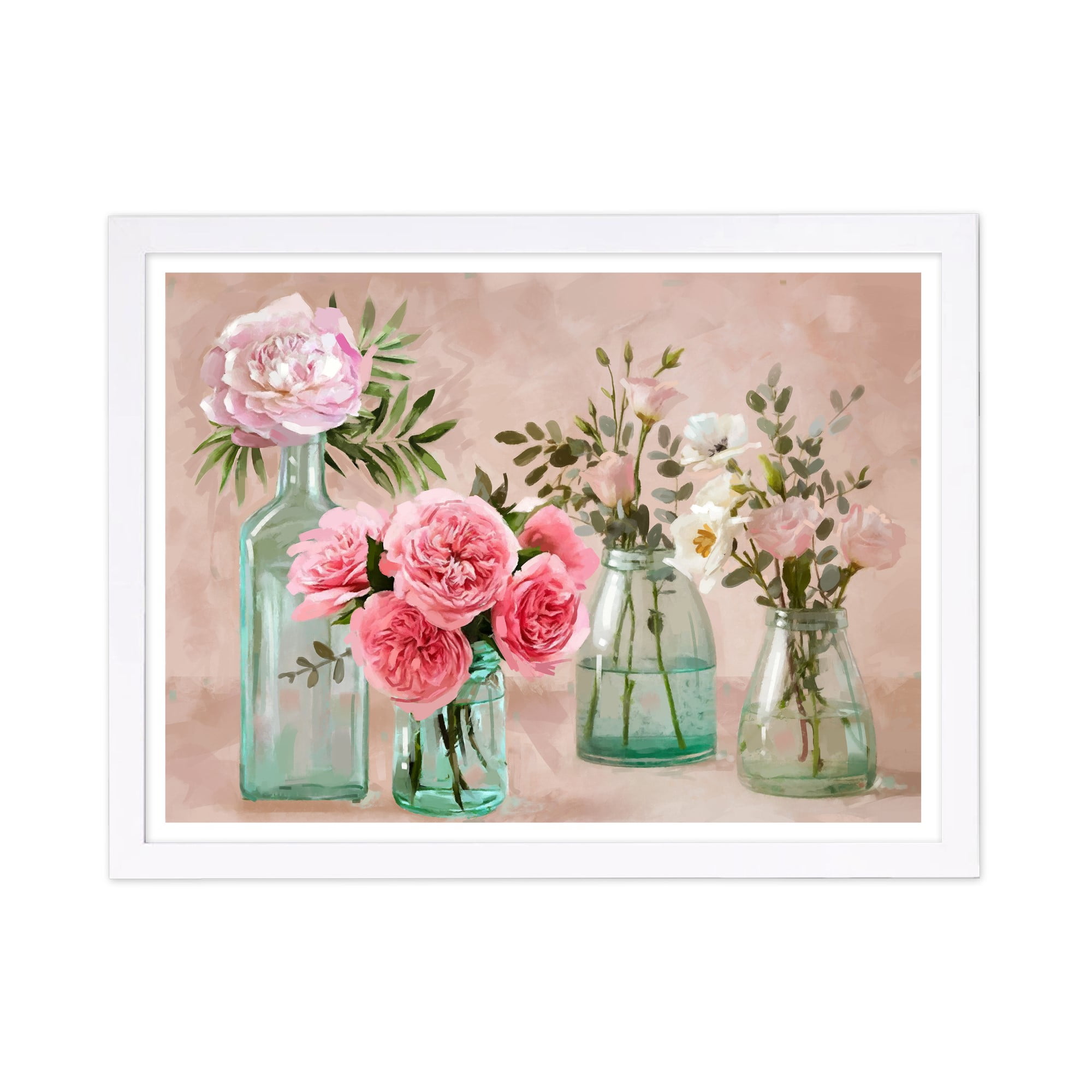 Glassy Blush Flowers Green and Pink Framed Wall Art Print