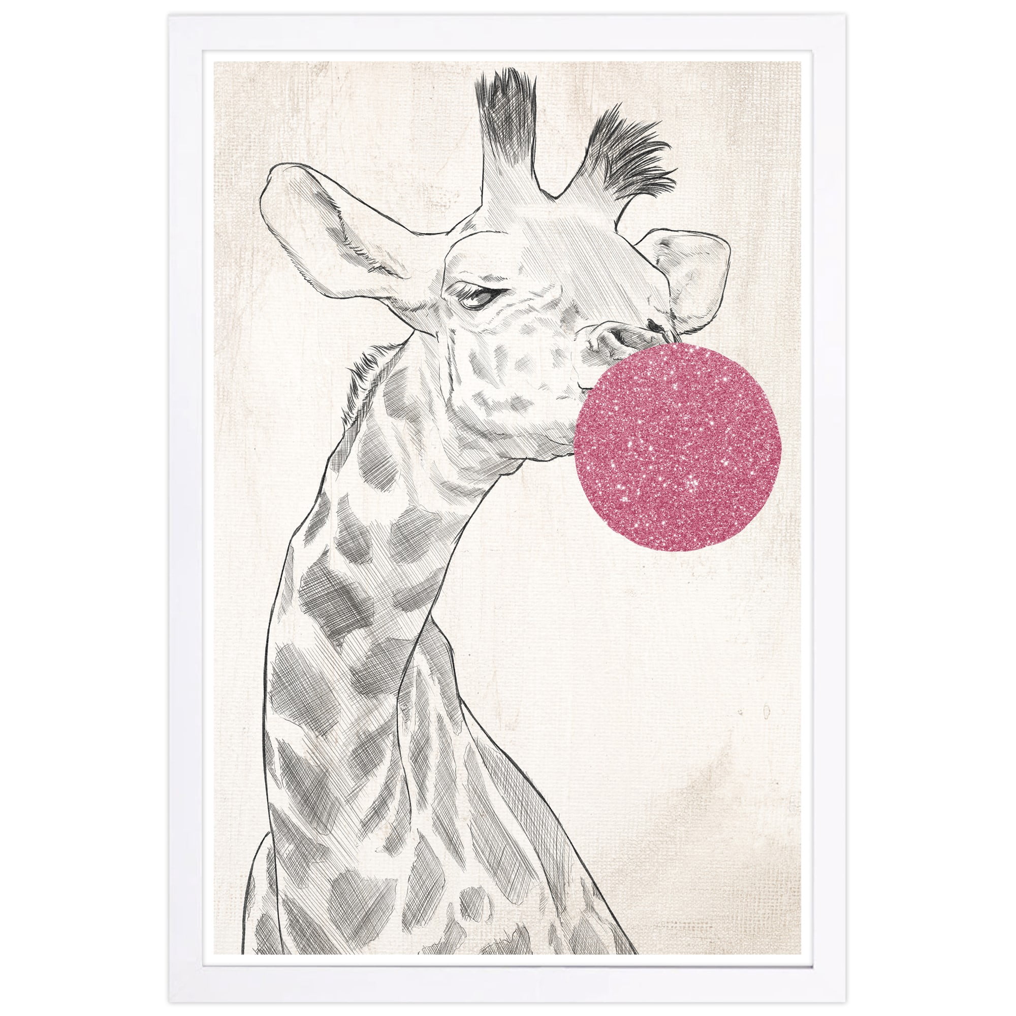 Wynwood Studio 'Glitter BubbleGum Giraffe' Animals Framed Wall Art Print - Pink, Black