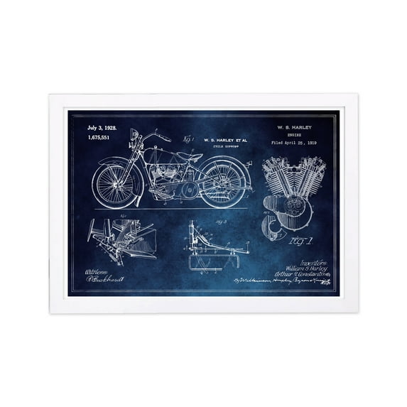 Wynwood Studio 'Harley Engine 1923 Set Horiz Blue Chalkboard ' Transportation Framed Wall Art Print - Blue, White