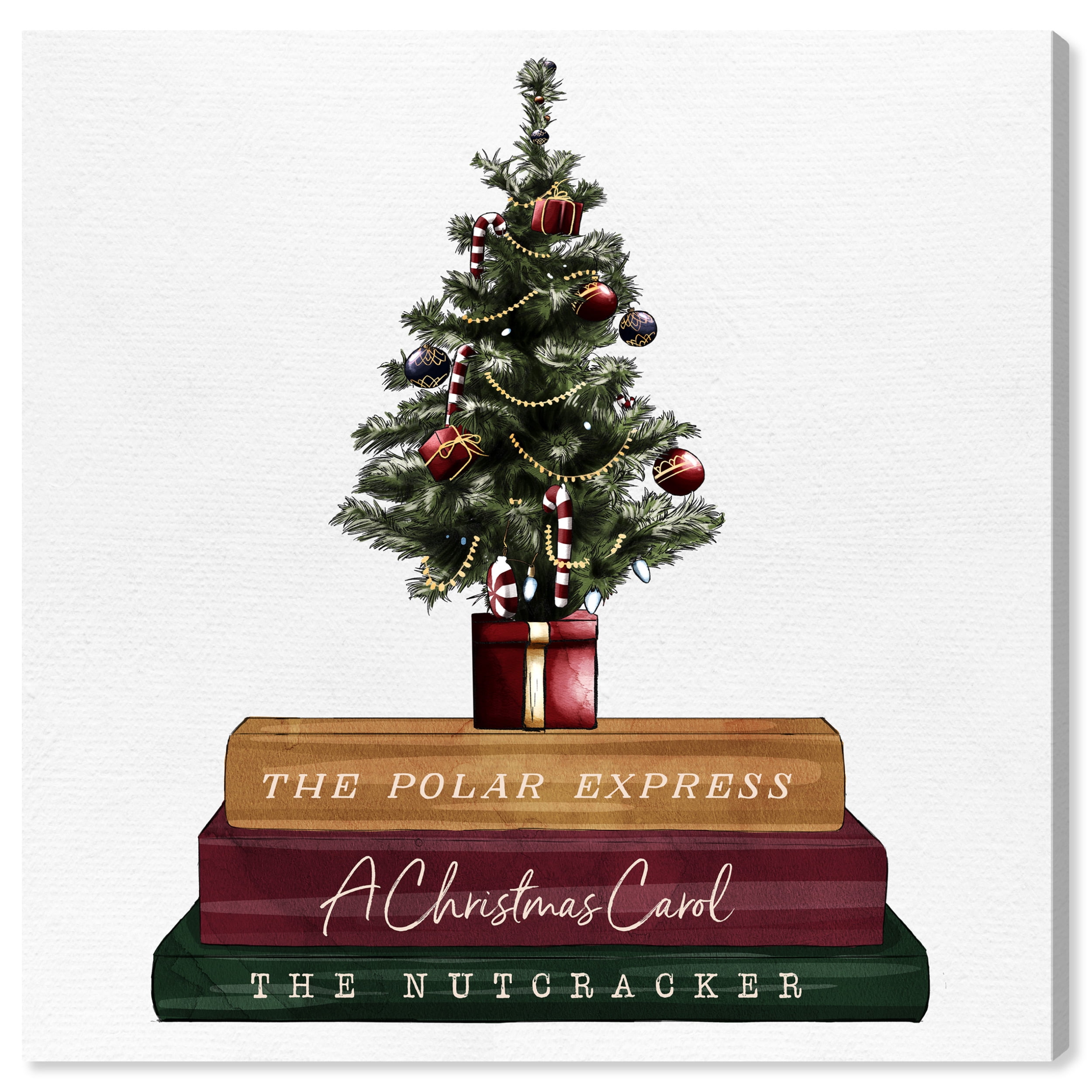 Wynwood Studio Holiday and Seasonal Wall Art Canvas Prints 'Christmas Tree and Storytime Books' Home Décor - Red, Green, 30" x 30"