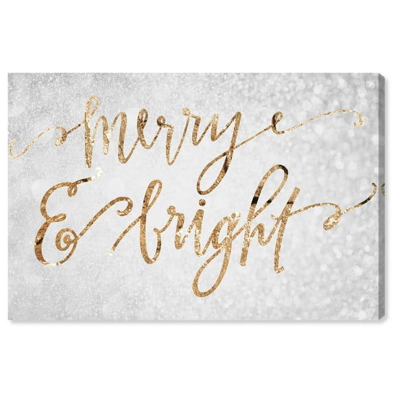 Wynwood Studio Holiday and Seasonal Wall Art Canvas Prints 'Merry & Bright' Christmas Home Décor - Gray, Gold, 24" x 16"