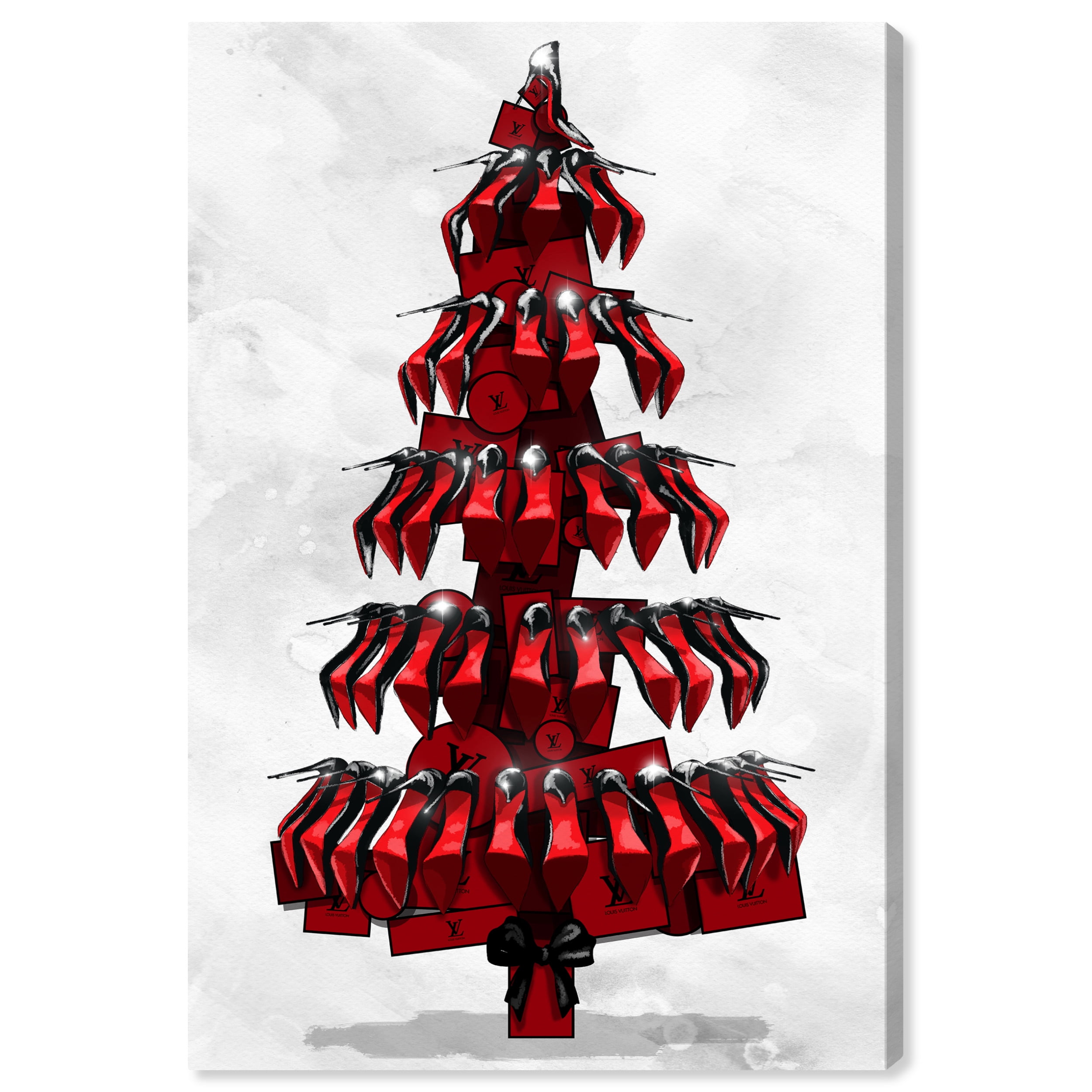 Wynwood Studio Holiday and Seasonal Wall Art Canvas Prints 'Shoe Tree Black' Christmas Home Décor - Black, Red, 24" x 36"