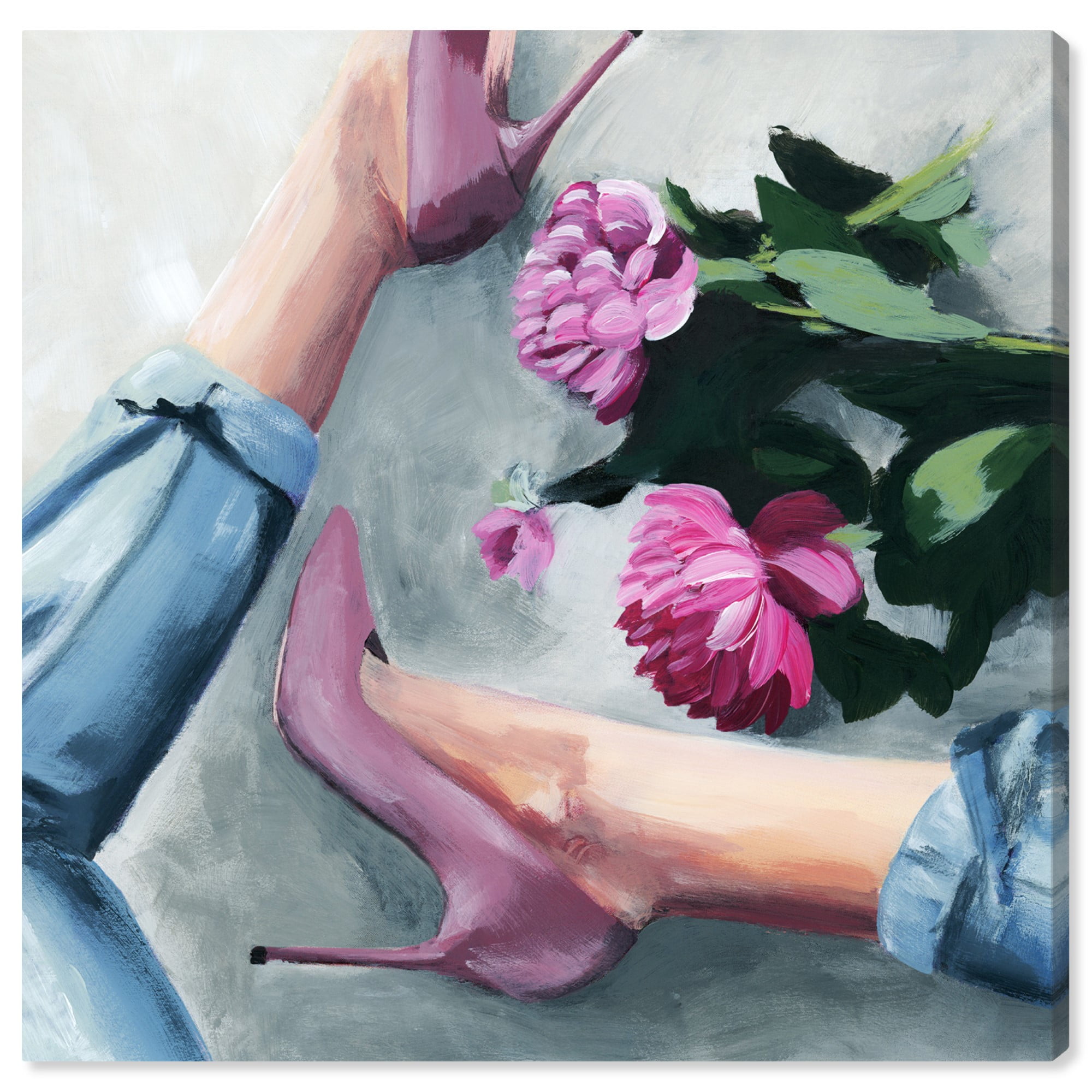 Wynwood Studio 'Jeans and Heels' Fashion and Glam Wall Art Canvas Print - Pink, Blue, 12" x 12"