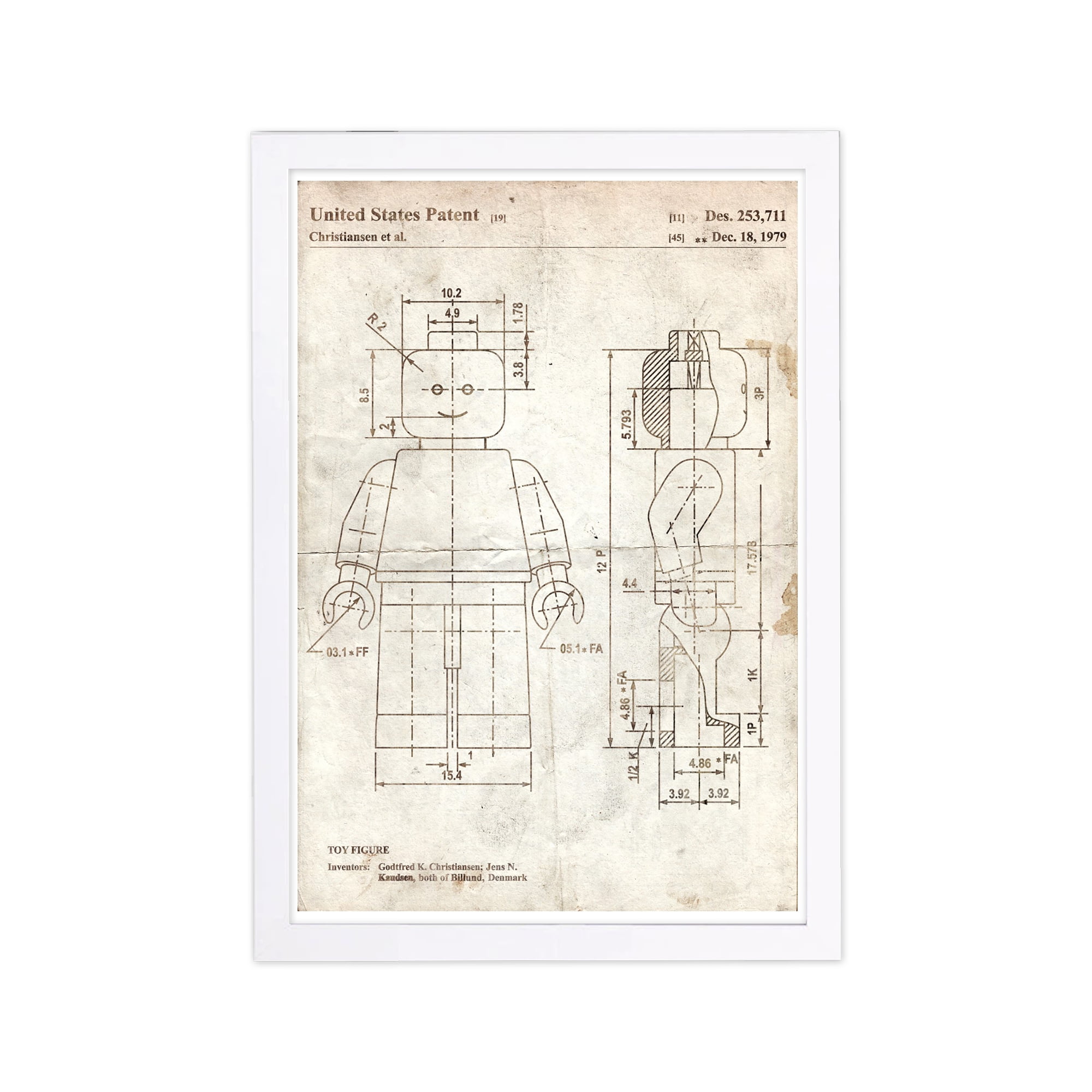 White and Brown Framed Lego Toy Patent Wall Art Print