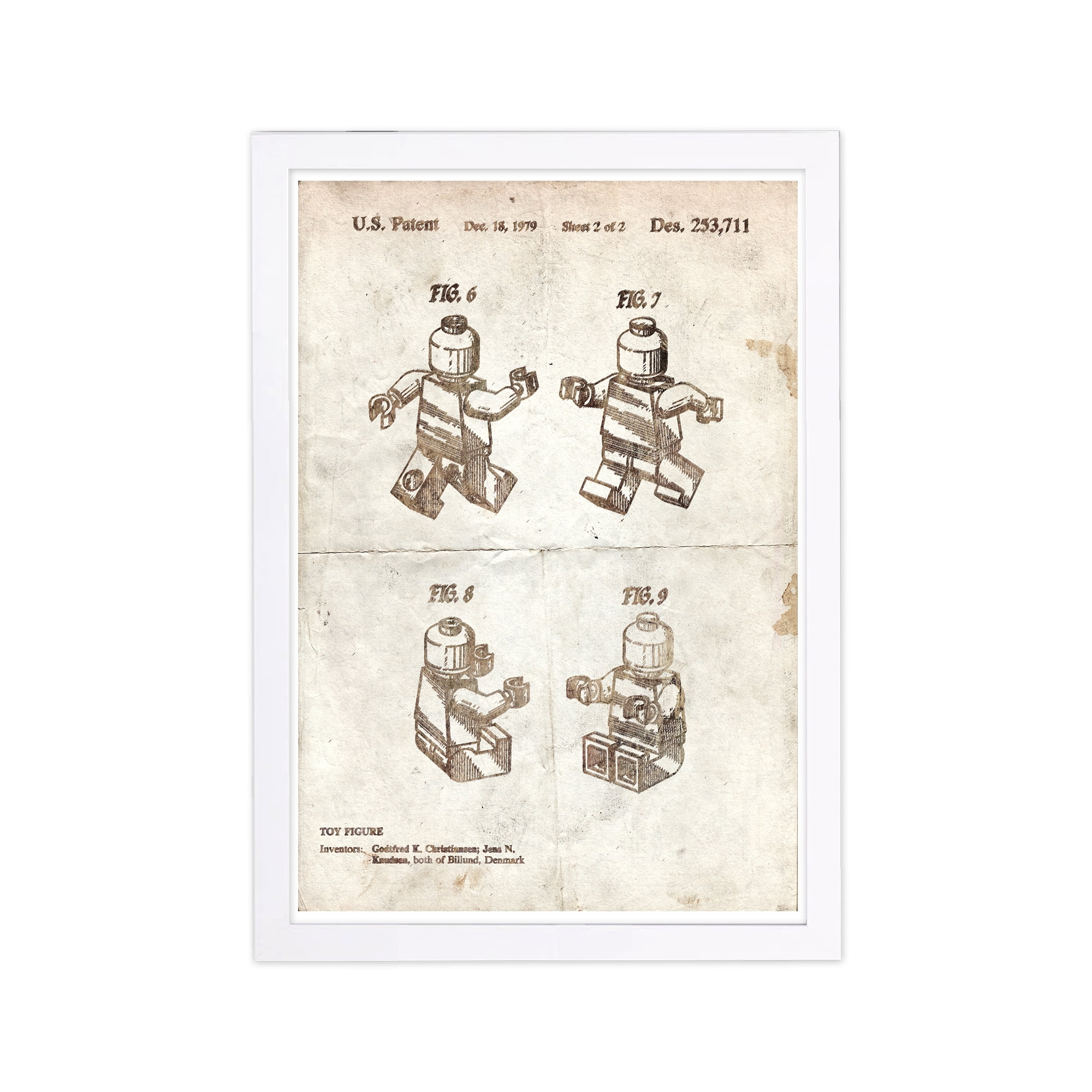 White Framed Brown Lego Toy Figure Print, 13" x 19"