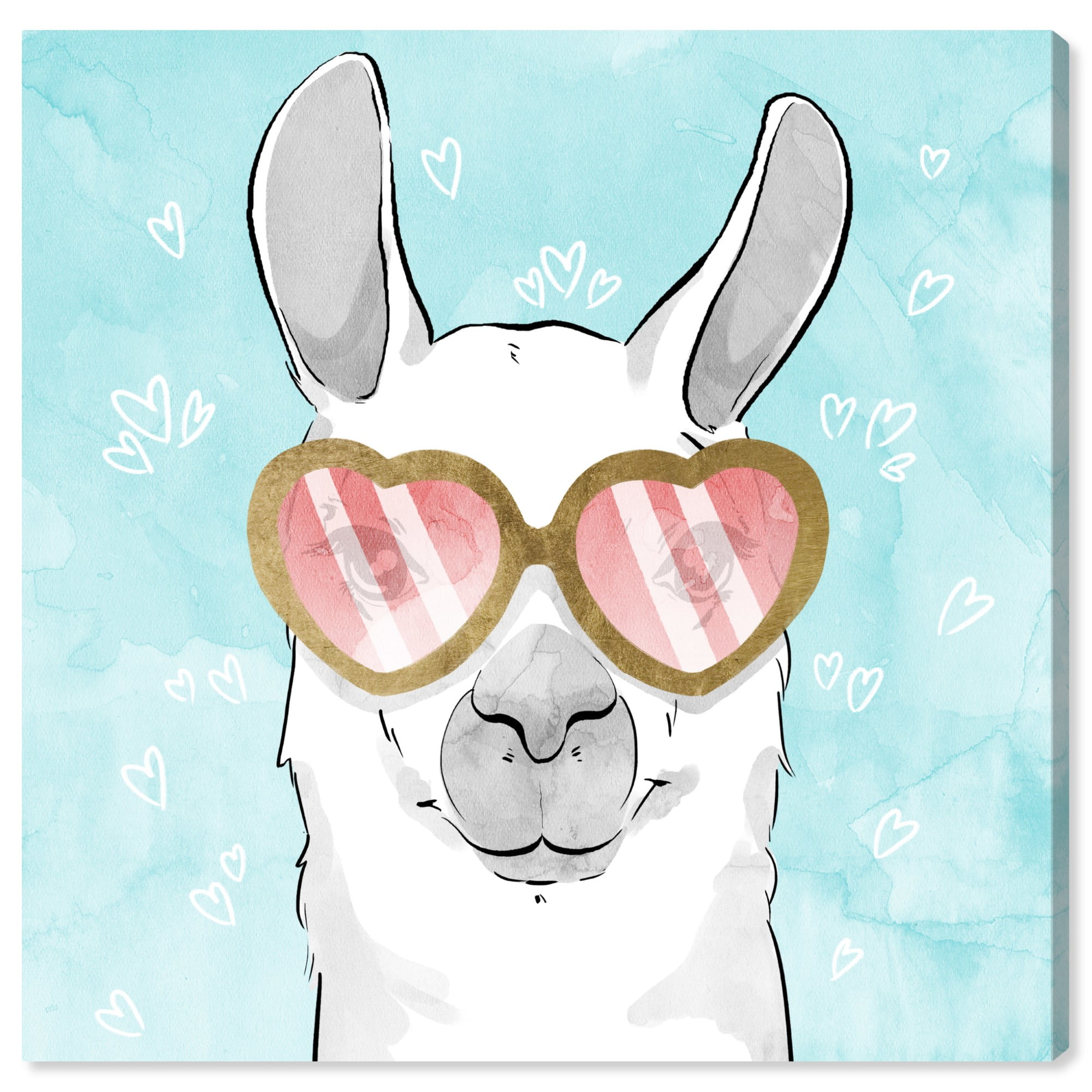 Wynwood Studio 'Lovely Hearts Llama' Animals Wall Art Canvas Print - Blue, Gold, 12" x 12"