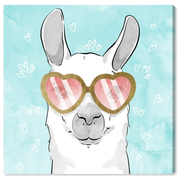 Wynwood Studio 'Lovely Hearts Llama' Animals Wall Art Canvas Print - Blue, Gold, 20" x 20"