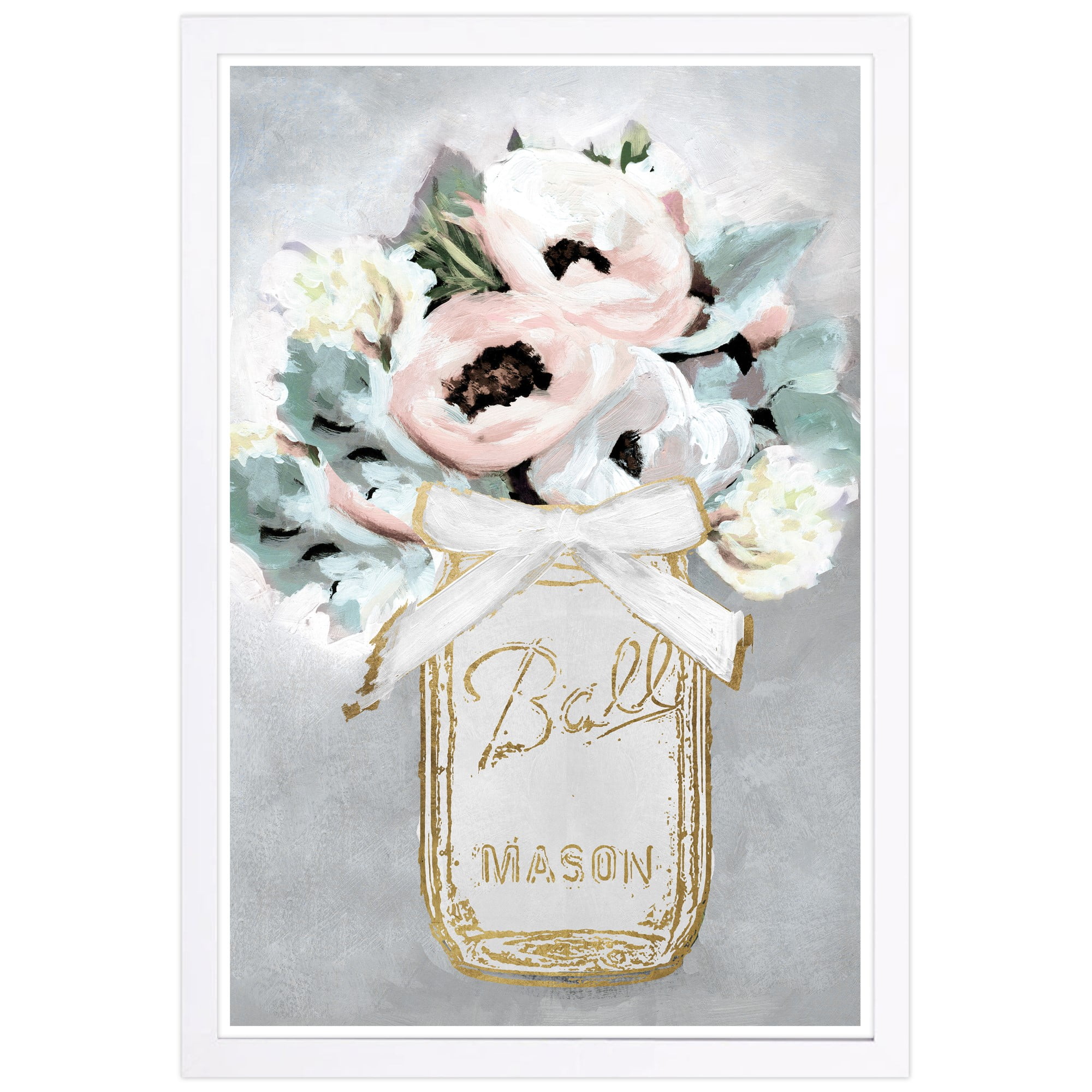 Mason Jar Mora White Framed Floral Canvas Wall Art