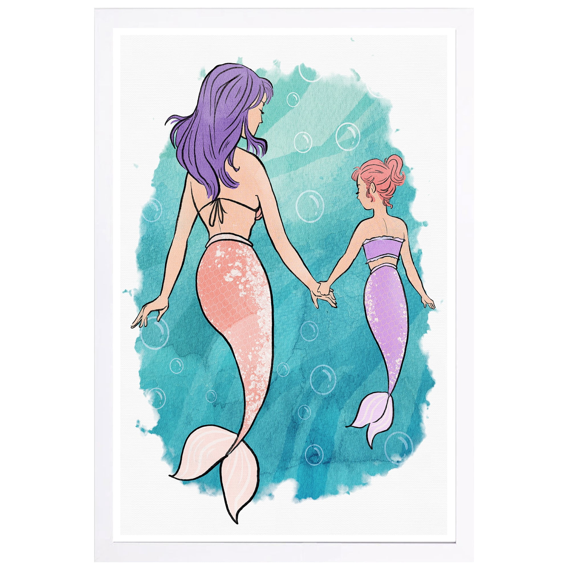 Wynwood Studio 'Mermaid Family' Fantasy and Sci-Fi Framed Wall Art Print - Blue, Pink