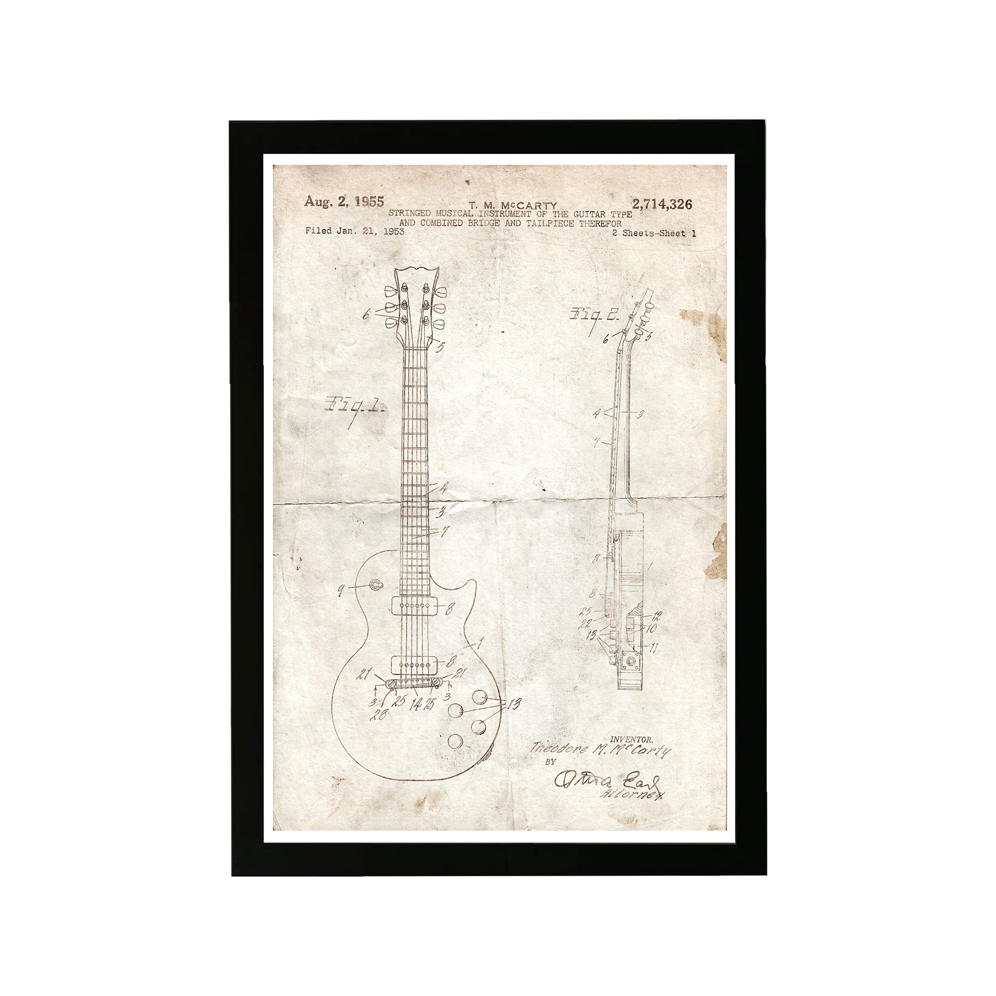 Vintage Black Framed Gibson Les Paul Guitar Print, 13x19