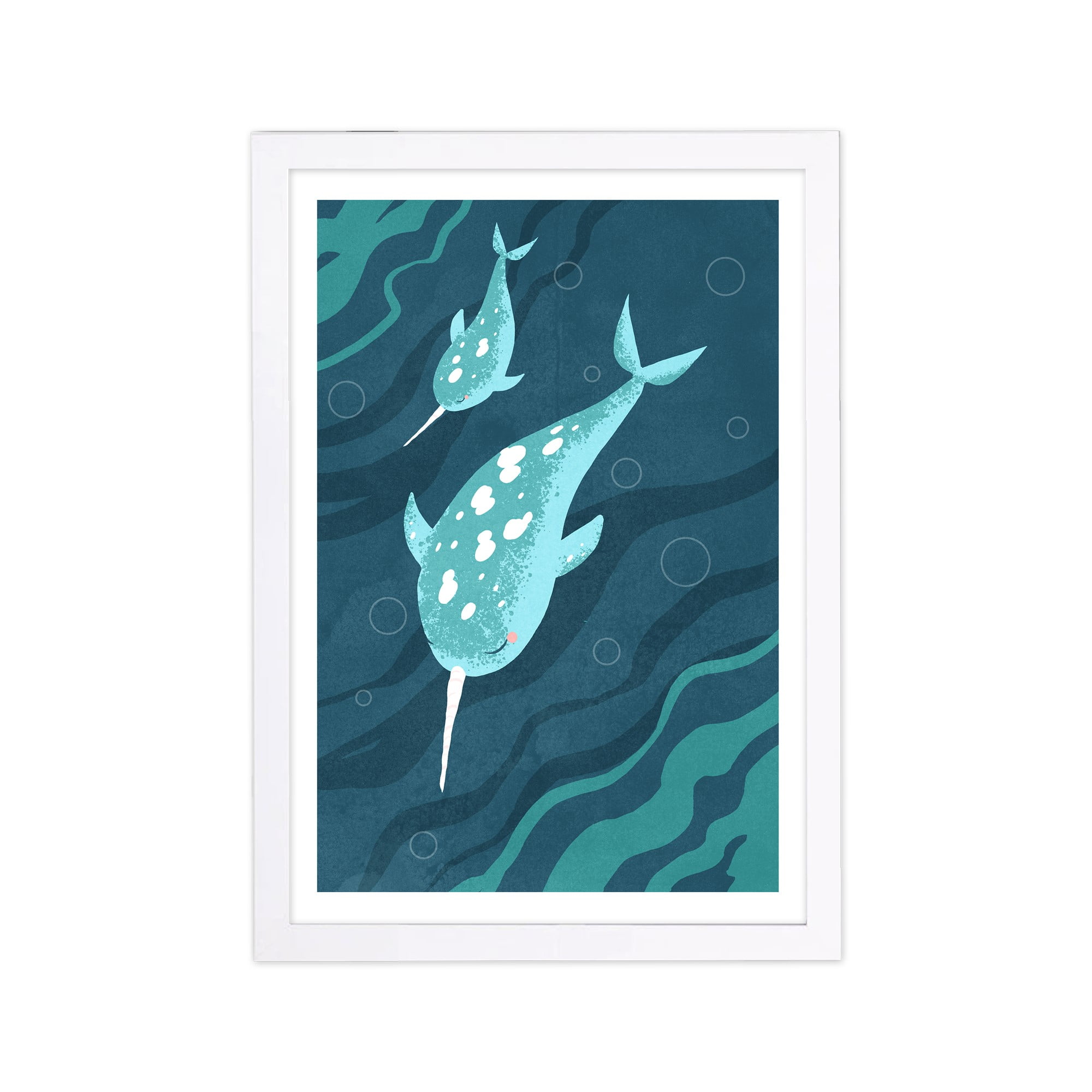 Blue and White Narwhals Canvas Print with White Frame