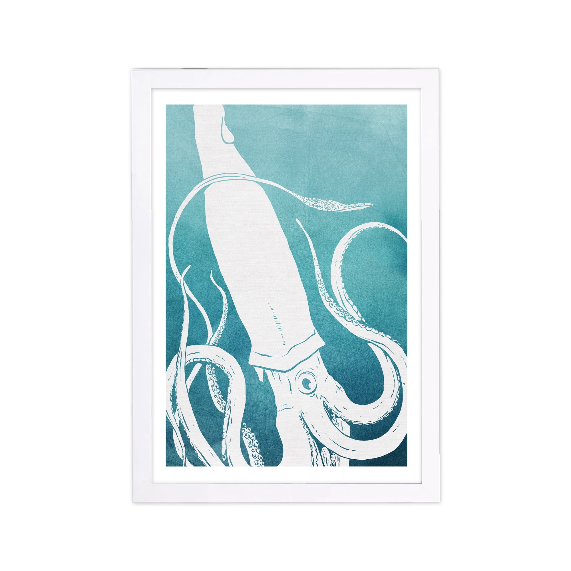 Wynwood Studio Nautical and Coastal Framed Wall Art Prints 'Ink Squid' Marine Life Home Décor - Blue, White, 13" x 19"