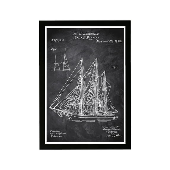 Wynwood Studio Nautical and Coastal Framed Wall Art Prints 'Sail & Rigging 1864 Chalkboard' Nautical Watercrafts - Black, White, 13" x 19"