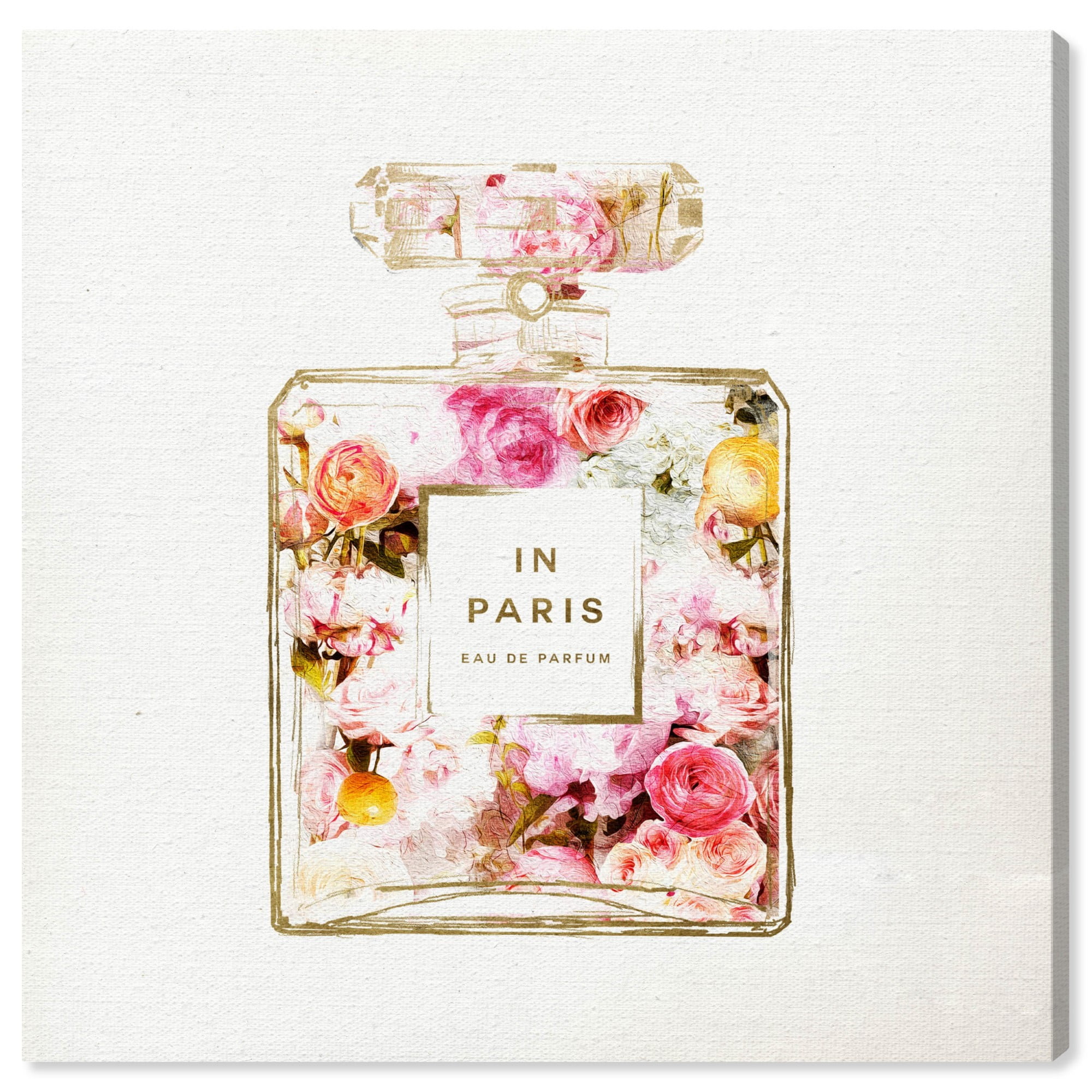 Paris Floral Perfume Gold and Pink Canvas Wall Art, 12" x 12"